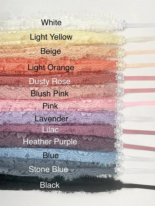 Color swatches of chapel veil eyelash lace fabric and ribbon in various colors with labels.