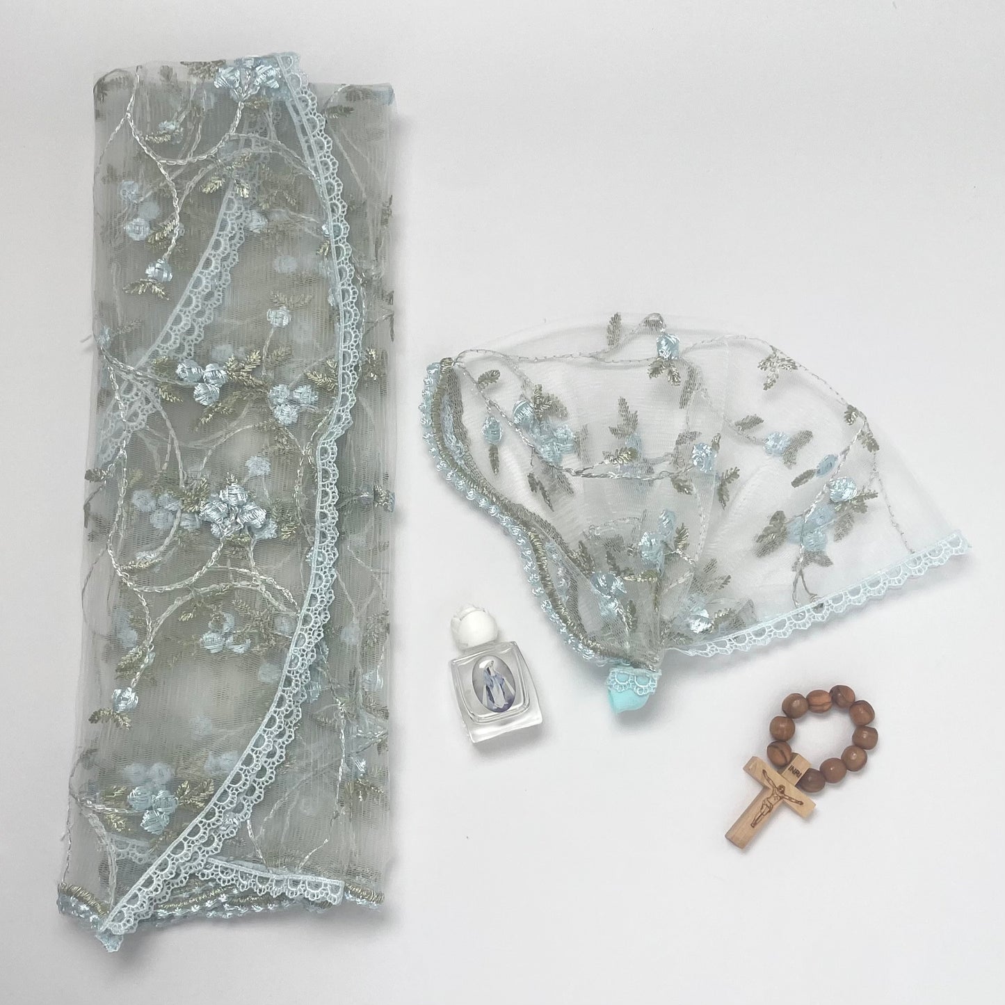 Queen of Peace - Mommy & Me Baby Set-Newborn Headband Veil and Mommy D Shape Veil-Blue Floral