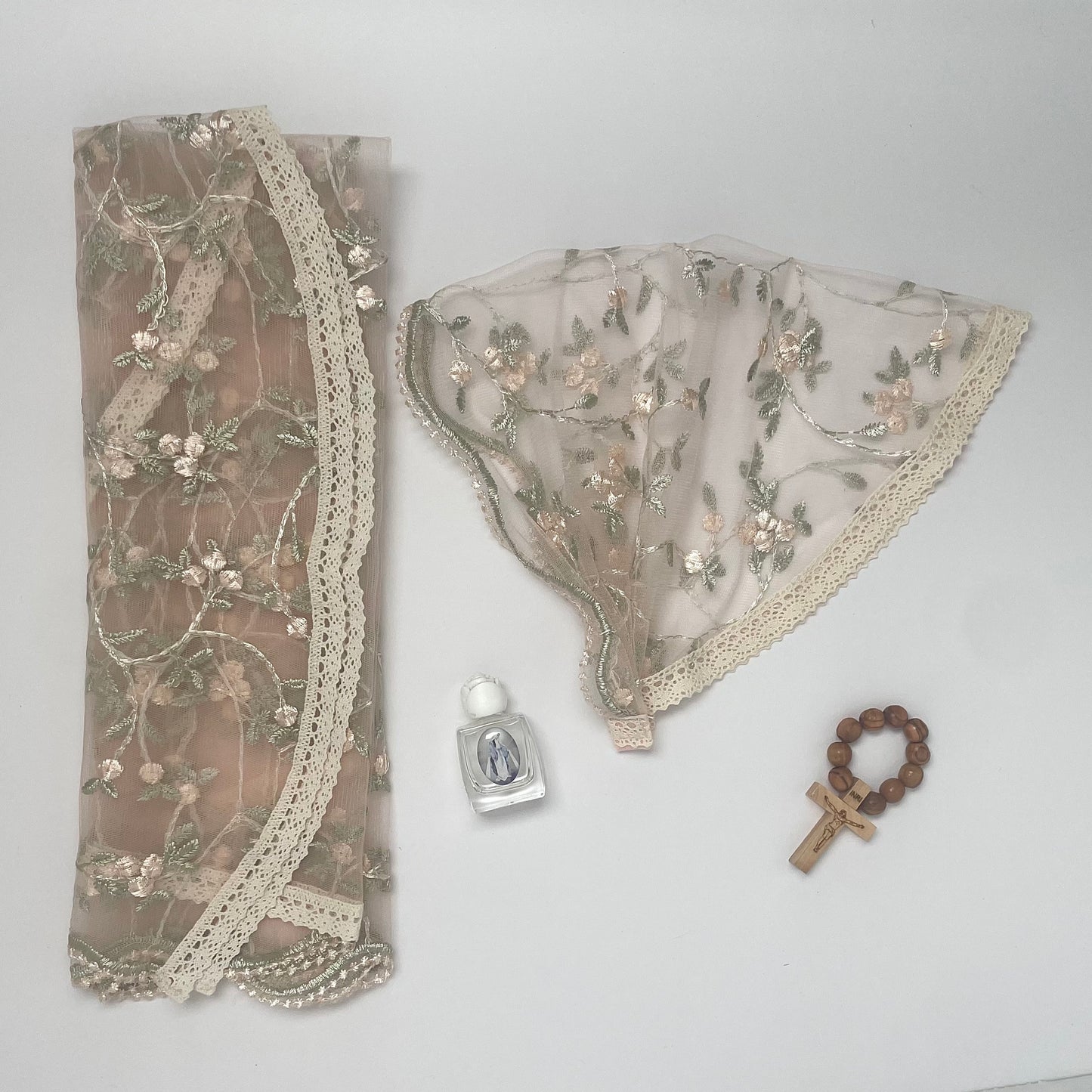 Queen of Peace - Mommy & Me Baby Set-Newborn Headband Veil and Mommy D Shape Veil-Pale Pink; Beige Trim