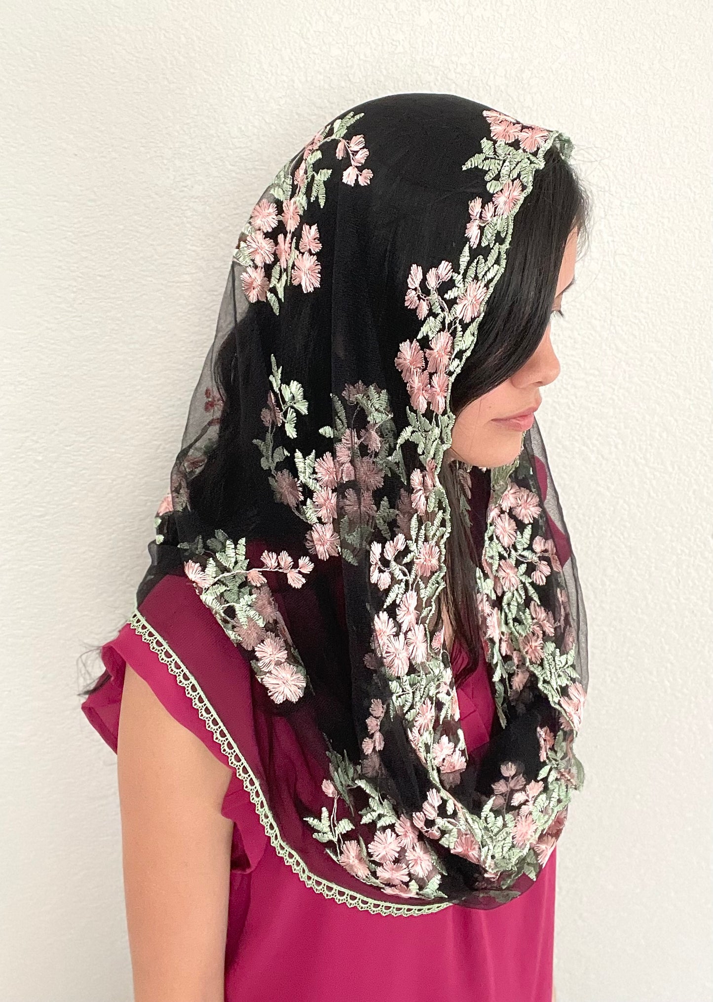 Queen of Families Infinity Veil - Women (Copy)-Women Veil-Pink/Green on Black Lace-Mama Mary & Me