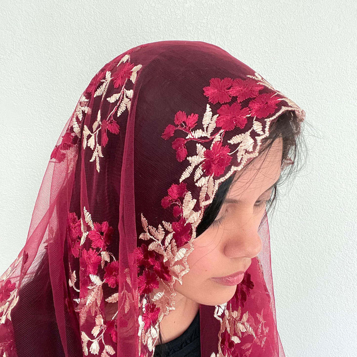 Queen of Families Infinity Veil - Women (Copy)-Women Veil-Gold on Red Lace-Mama Mary & Me
