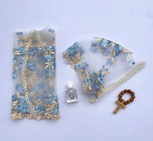 Queen of Families - Mommy & Me Baby Set-Newborn Headband Veil and Mommy D Shape Veil-Blue/Light Gold