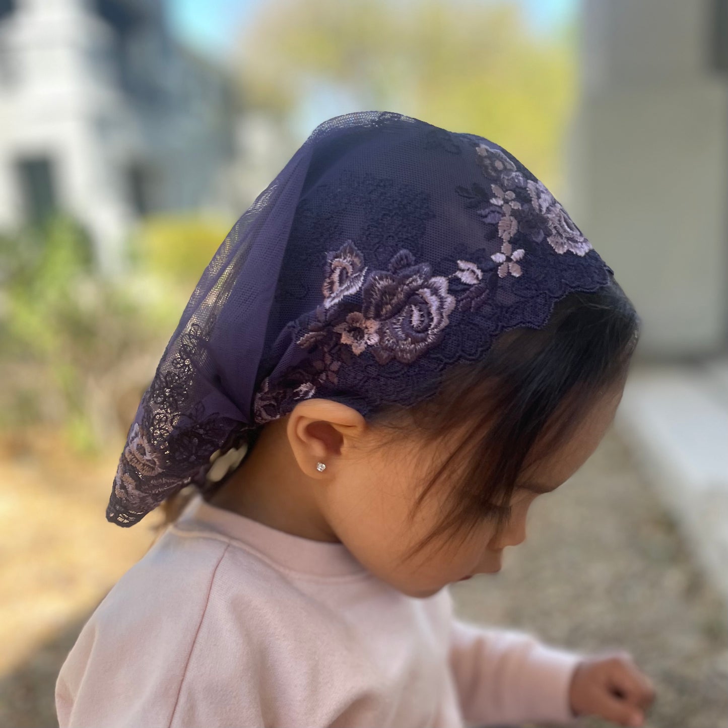 Dark purple lace veil with rose embroidery. The baby or toddler mantilla is perfect for Traditional Catholic Christian Mass