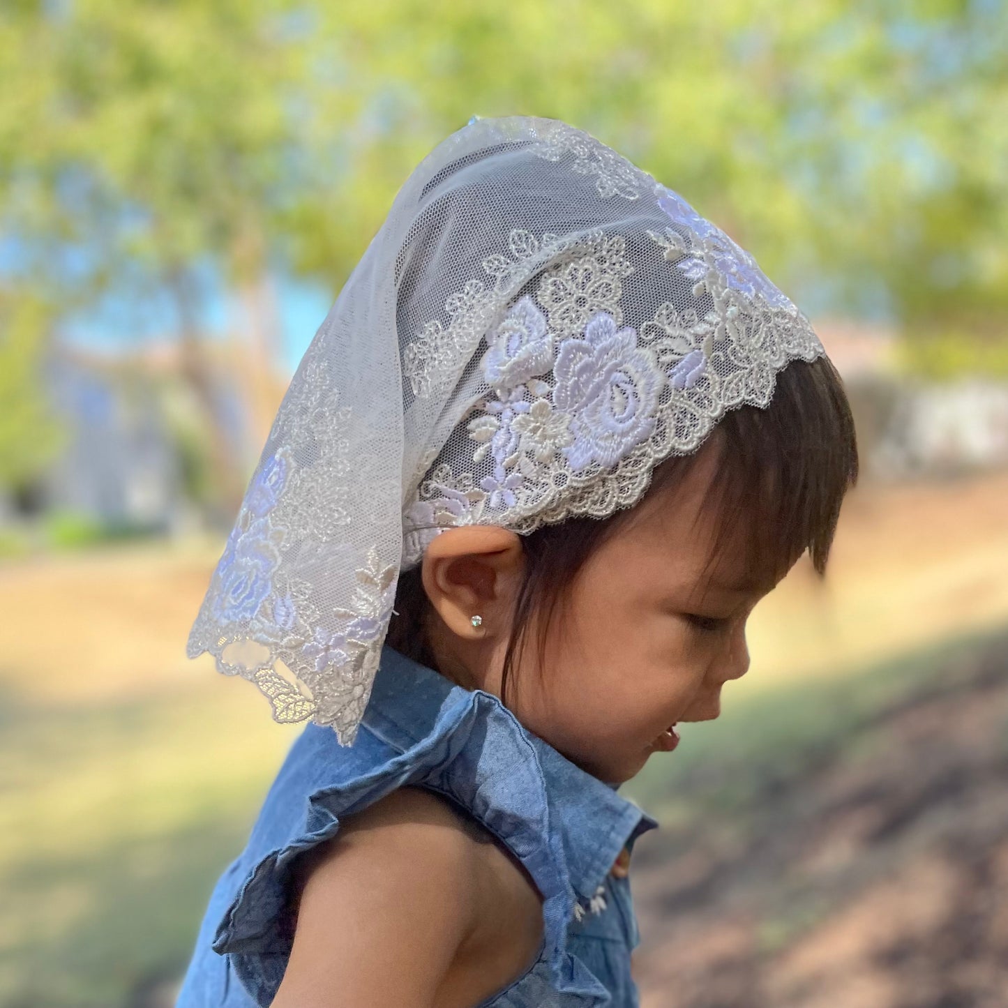 Ivory-colored lace veil with rose embroidery. The mantilla is perfect for Traditional Catholic Mass or Christian baby baptism