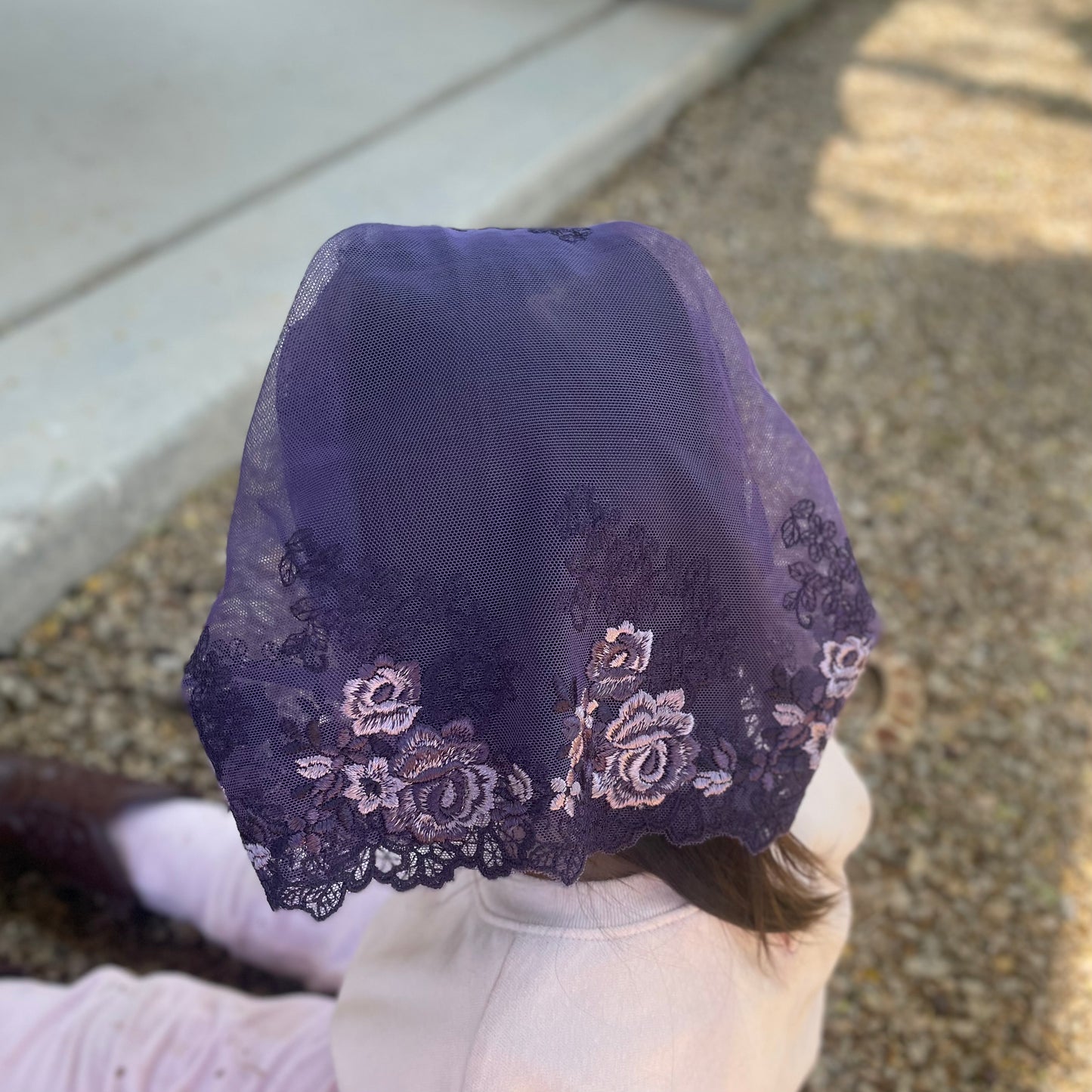 Dark purple lace veil with rose embroidery. The baby or toddler mantilla is perfect for Traditional Catholic Christian Mass