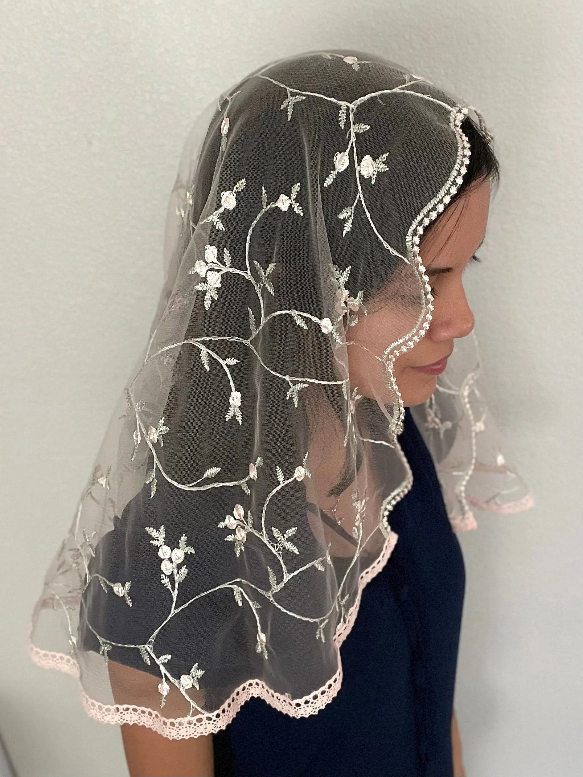 Queen of Peace - Mommy & Me Baby Set-Newborn Headband Veil and Mommy D Shape Veil-Pink Tulle; Pink Trim