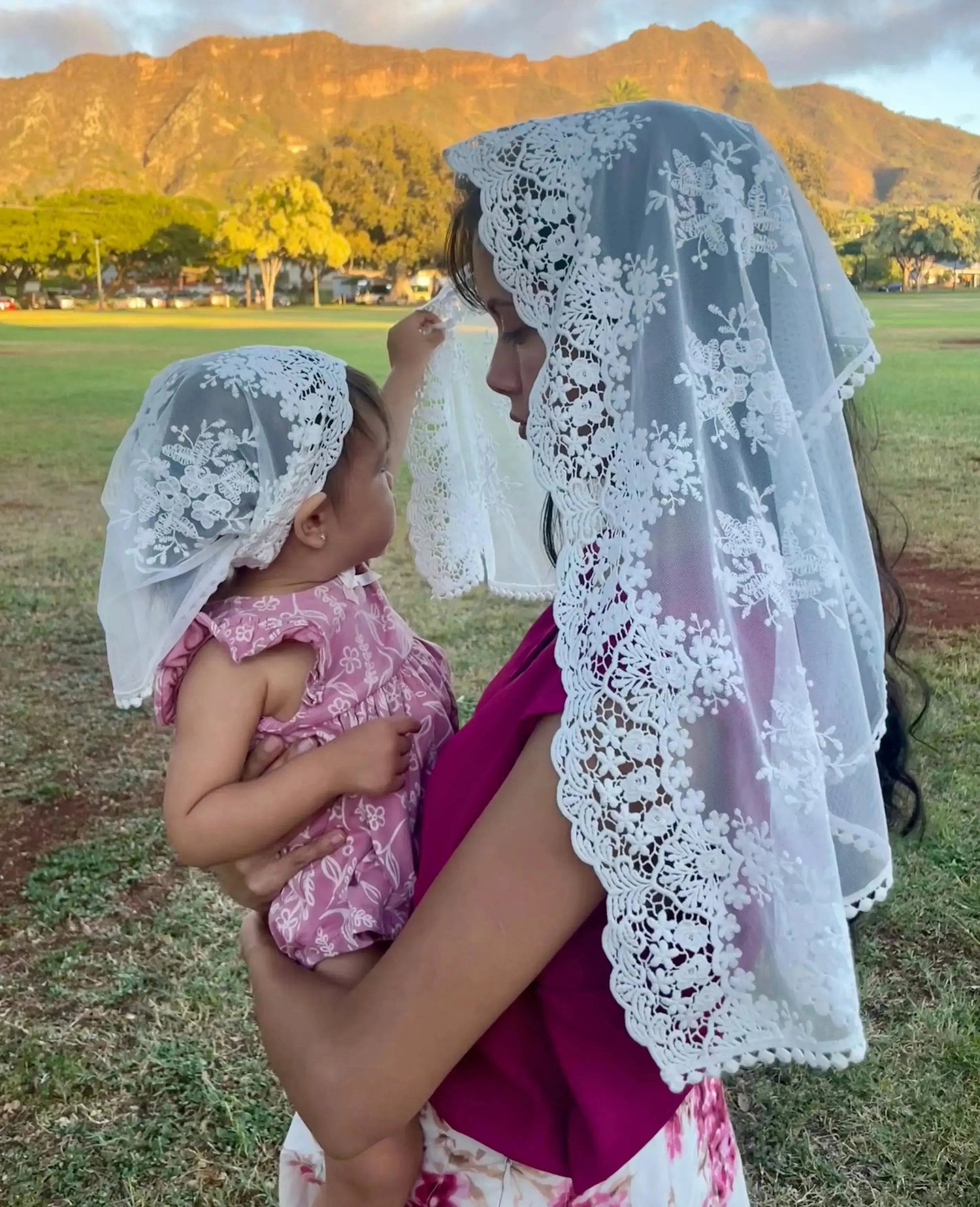 Queen of All Saints - Mommy & Me Baby Set-Newborn Headband Veil and Mommy Short Shawl Veil-Ivory