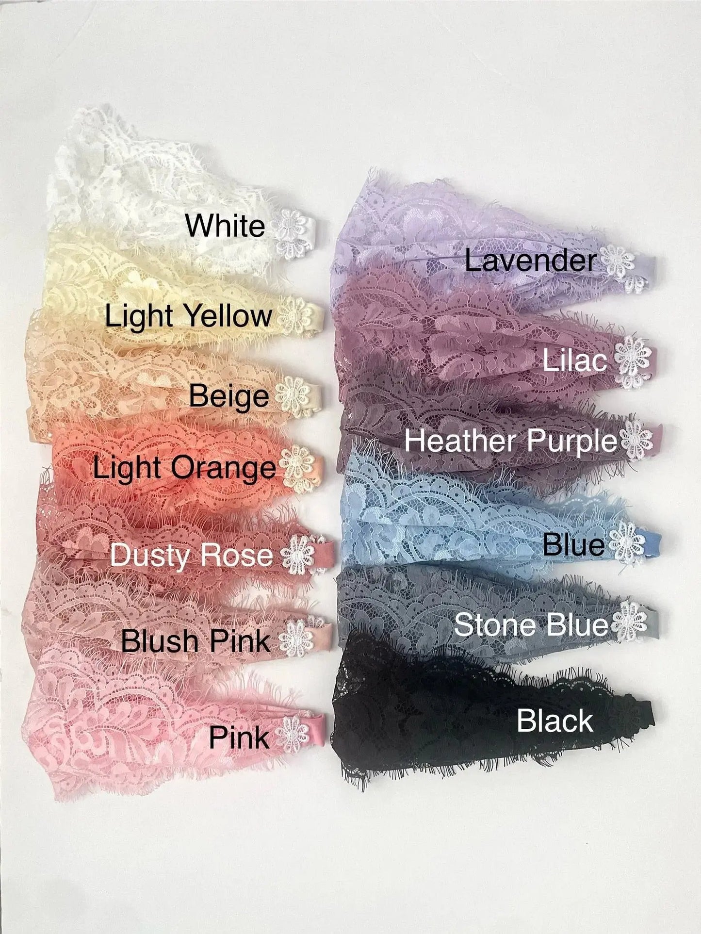 Labeled color swatches of eyelash lace veils.