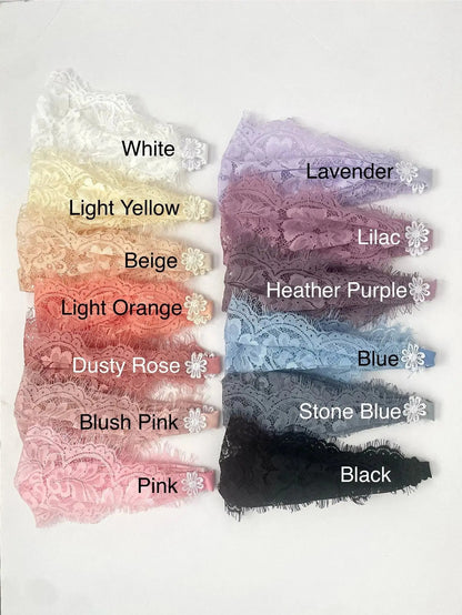 Labeled color swatches of eyelash lace veils.
