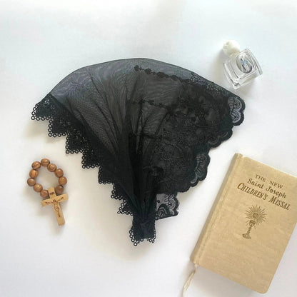 Infant black lace chapel veil headband for a traditional Catholic.