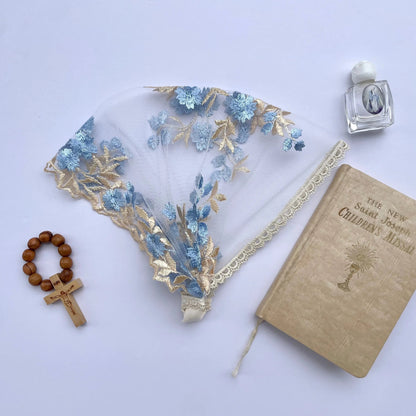 Newborn blue gold embroidered lace veil for a traditional Catholic mass.