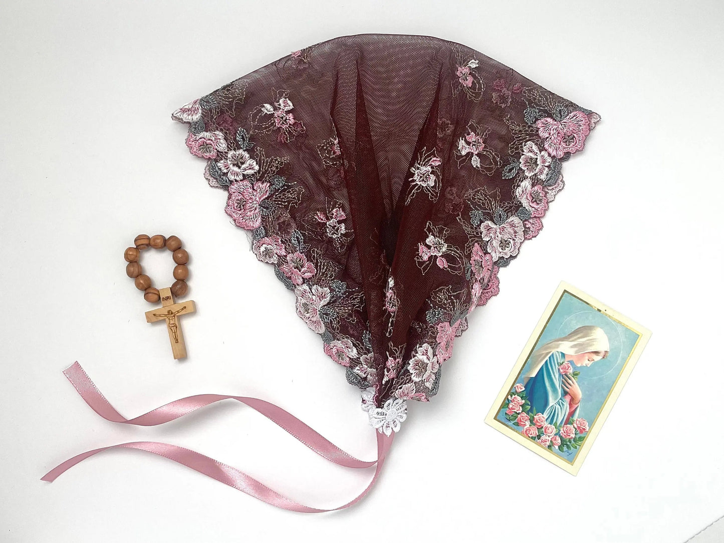 Dark purple embroidered lace headwrap kerchief for a Lenten Catholic Mass service.