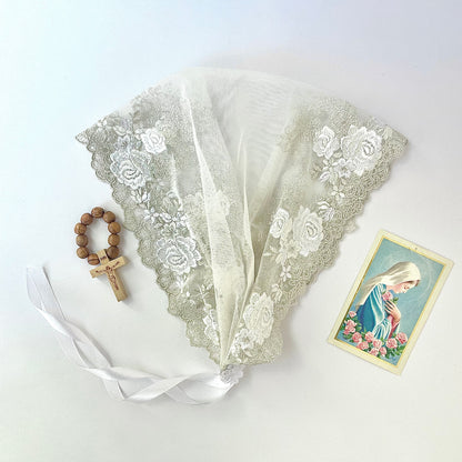 Ivory lace chapel veil with rose embroidery. The small girls veil mantilla is perfect for Traditional Catholic Christian Mass