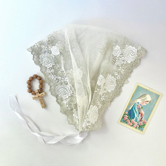 Ivory lace chapel veil with rose embroidery. The small girls veil mantilla is perfect for Traditional Catholic Christian Mass