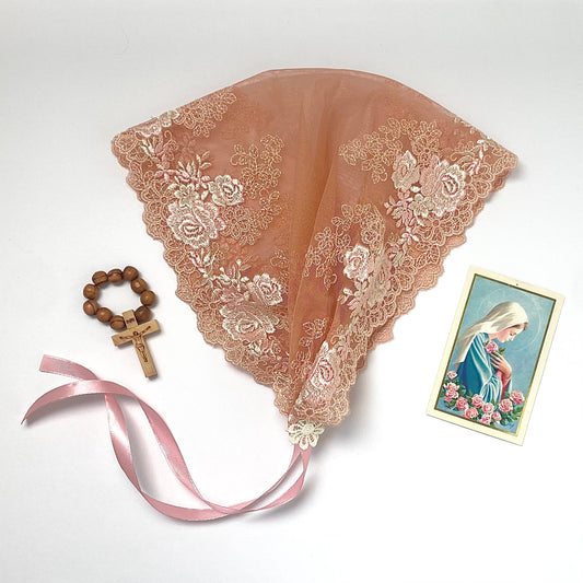 Peach lace chapel veil with rose embroidery. The small girls veil mantilla is perfect for Traditional Catholic Christian Mass