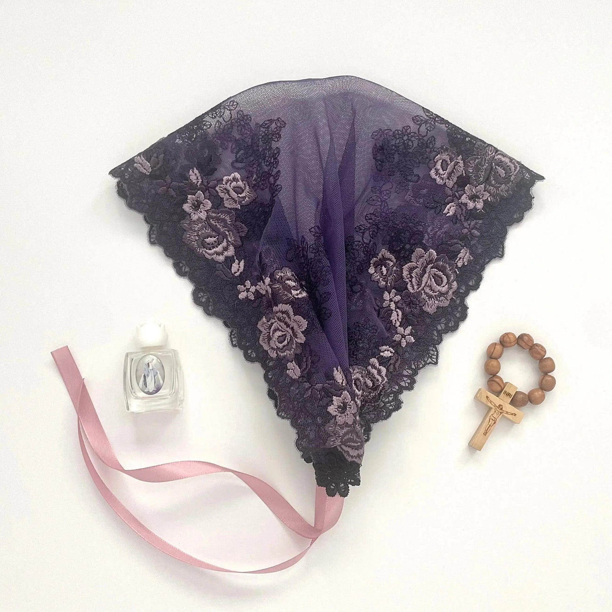 Dark purple lace chapel veil with rose embroidery. The small girl mantilla is perfect for Traditional Catholic Christian Mass