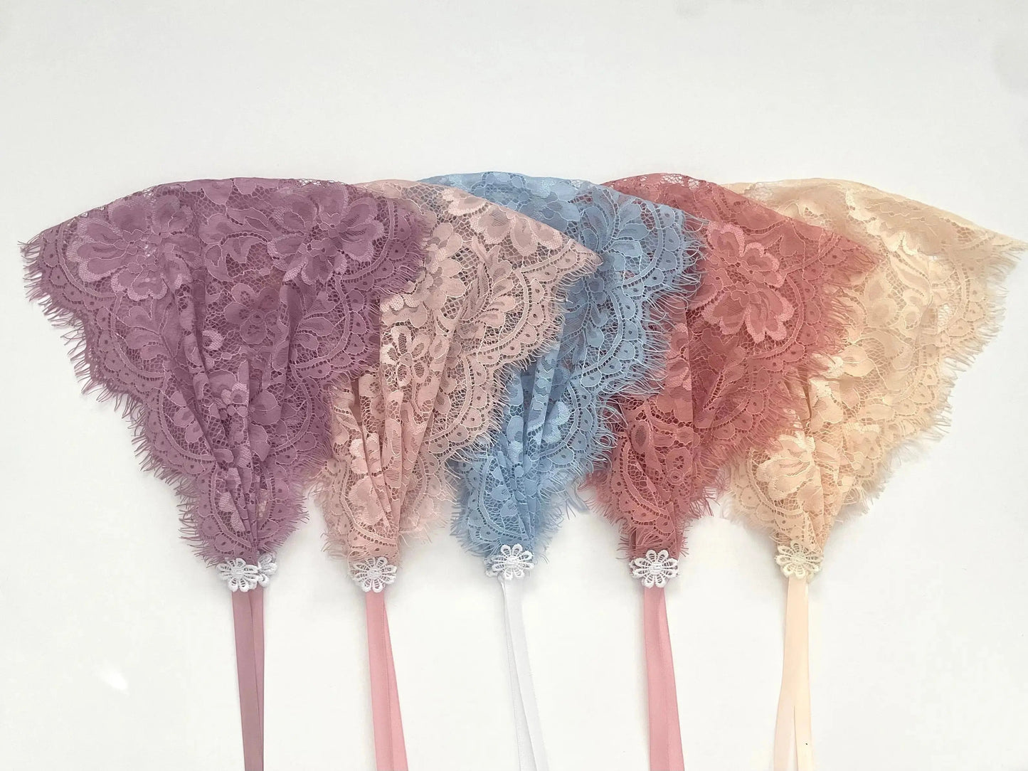 Eyelash lace headscarf chapel veils with ribbon ties in a variety of colors.