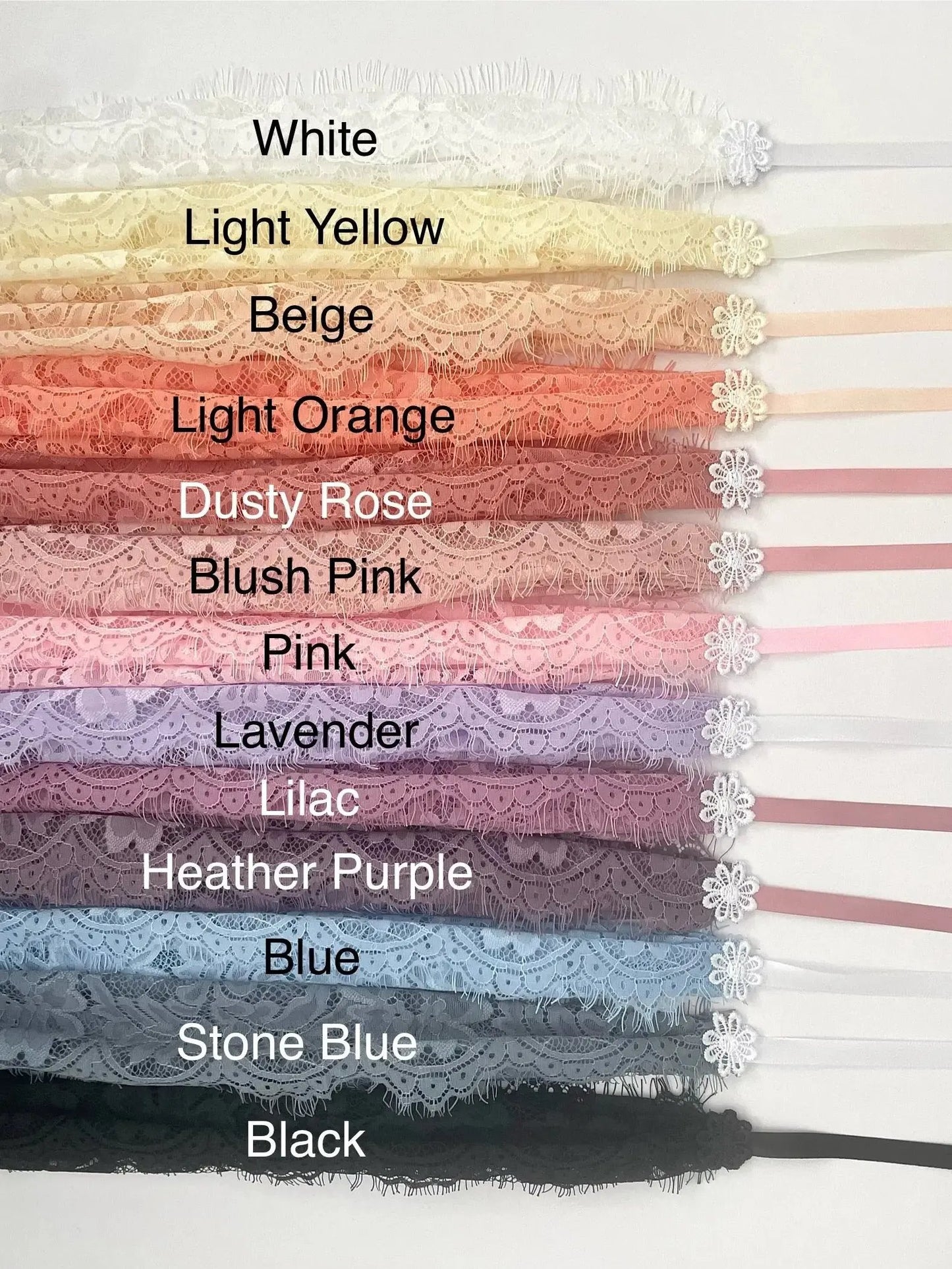 Color swatches of chapel veil eyelash lace fabric and ribbon in various colors with labels.