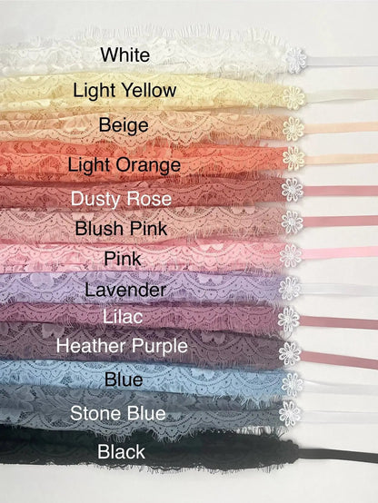 Color swatches of chapel veil eyelash lace fabric and ribbon in various colors with labels.