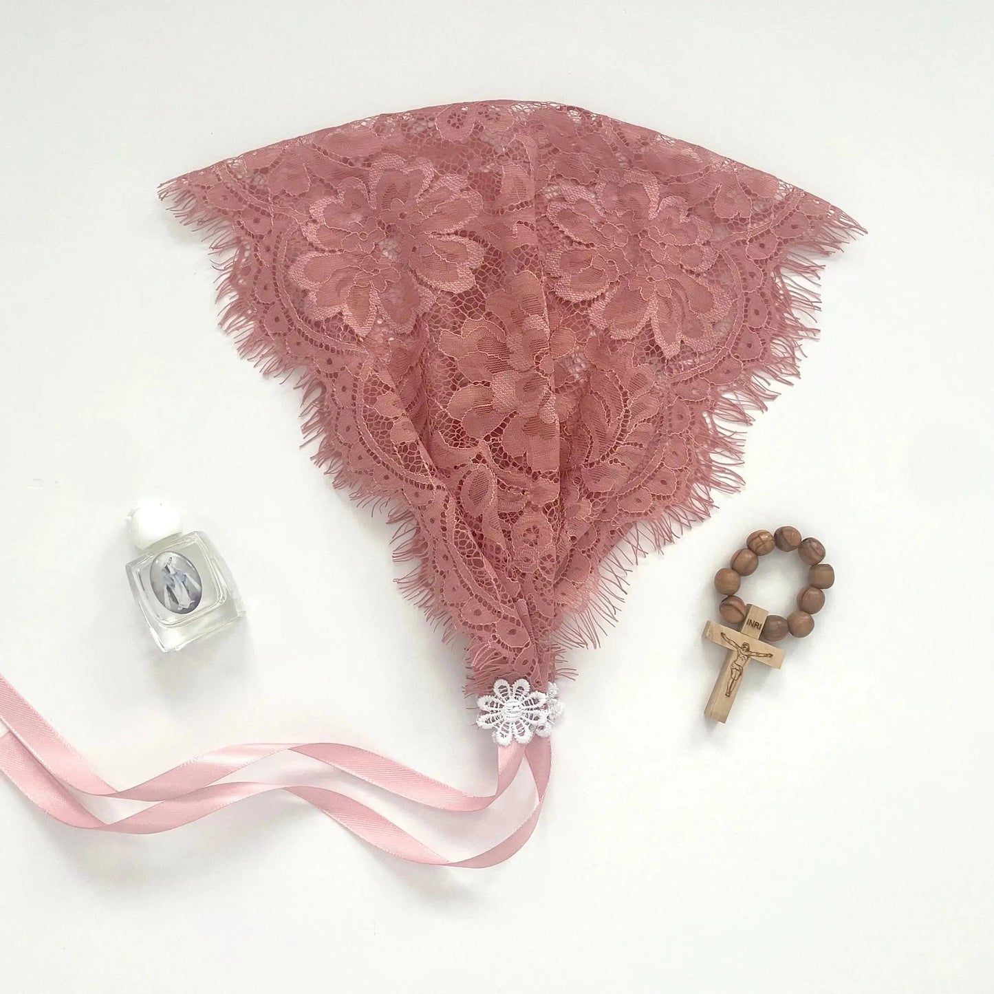 Pink eyelash lace headscarf with ribbon ties, a graceful traditional Christian headwrap for young girls.