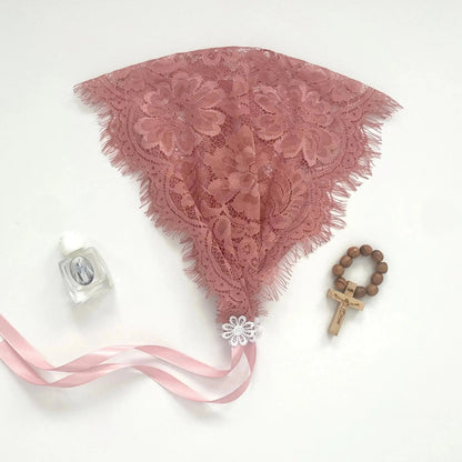 Pink eyelash lace headscarf with ribbon ties, a graceful traditional Christian headwrap for young girls.