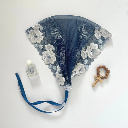 Dark blue chapel veil with rose embroidery. The small girls veil mantilla is perfect for Traditional Catholic Christian Mass