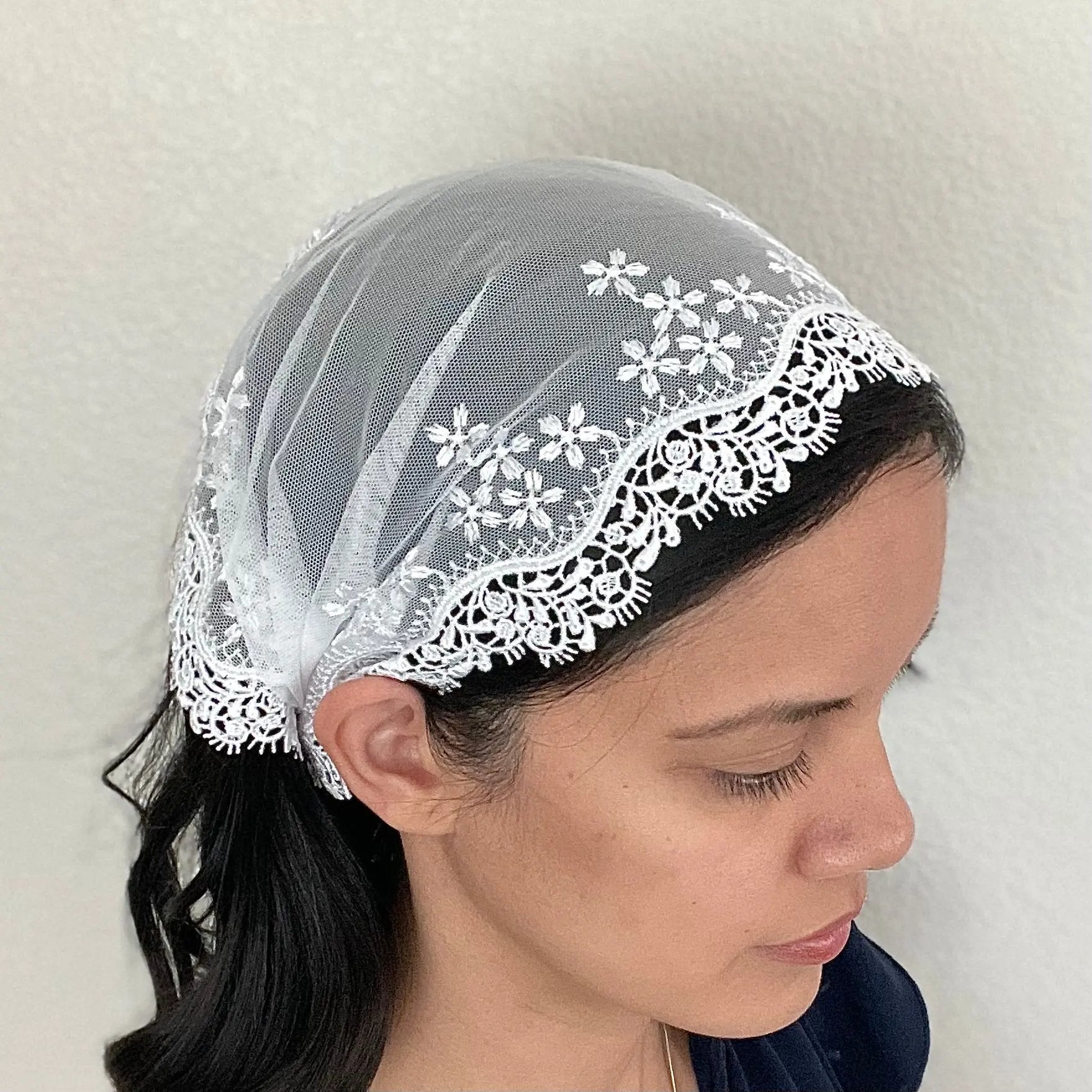 Ivory embroidered lace Christian headscarf, a traditional chapel veil.