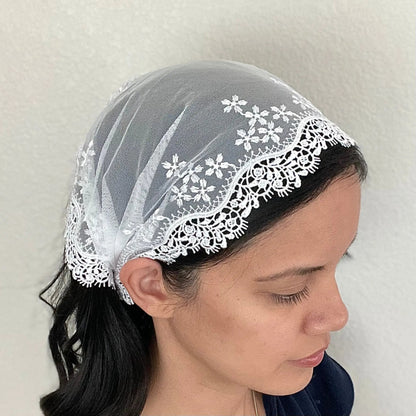 Ivory embroidered lace Christian headscarf, a traditional chapel veil.