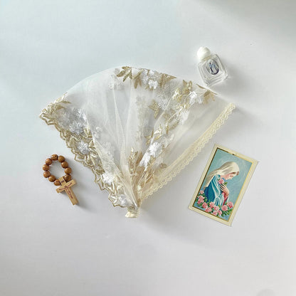 Toddler white gold embroidered lace veil for a traditional Catholic mass.