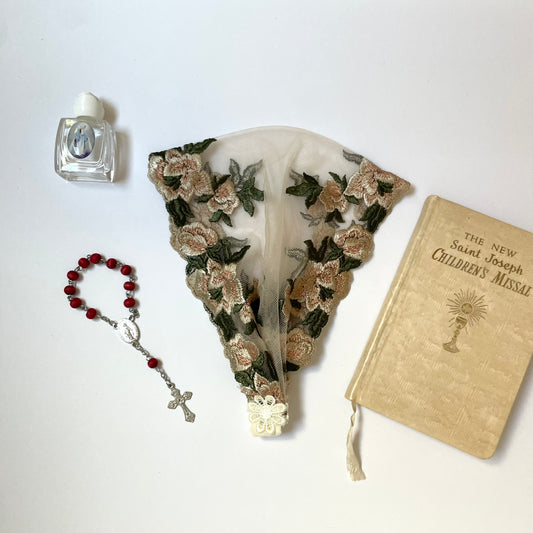 Baby Chapel Veil - Holy Virgin of Virgins - Peach Floral Mantilla Headband