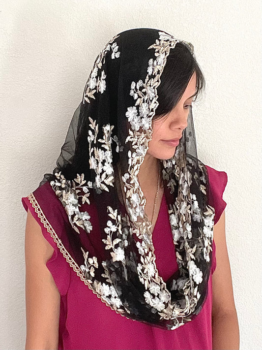 Queen of Families Infinity Veil - Women (Copy)-Women Veil-White/Gold on Black Lace-Mama Mary &amp; Me