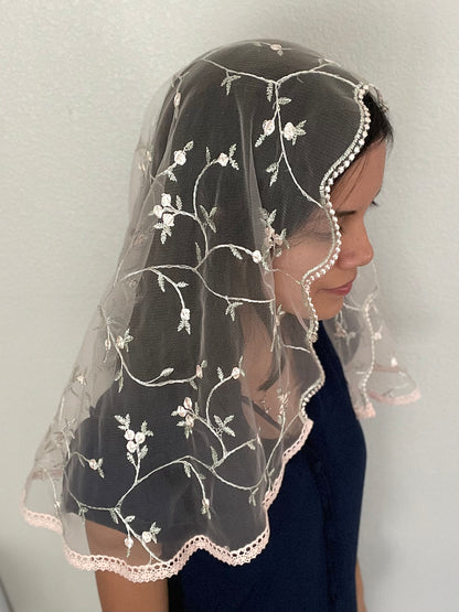 Queen of Peace D Shape Veil - Women-Veil-Pale Pink Tulle Pink Trim-Mama Mary &amp; Me