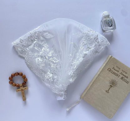 Ivory embroidered lace toddler veil for a traditional Catholic or Christian baptism.