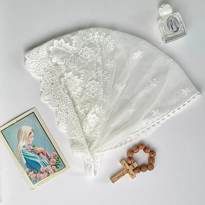 Toddler white lace chapel veil featuring delicate embroidered floral pattern.