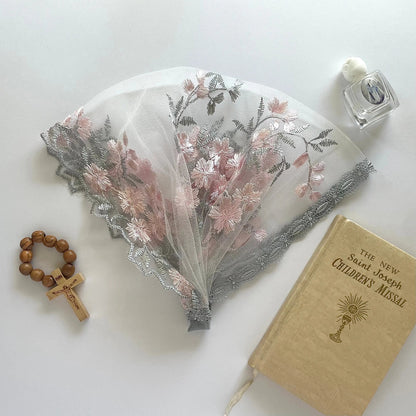 Newborn pink grey embroidered lace veil for a traditional Catholic mass.