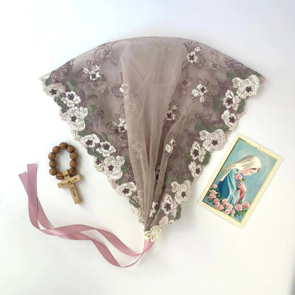 Light purple embroidered lace chapel veil bandana for Traditional Catholic mass. 