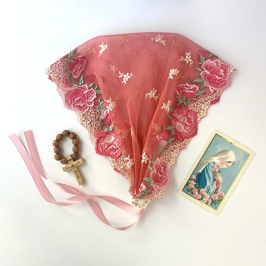 Small dark pink lace bandana-style chapel veil for Traditional Catholic mass.