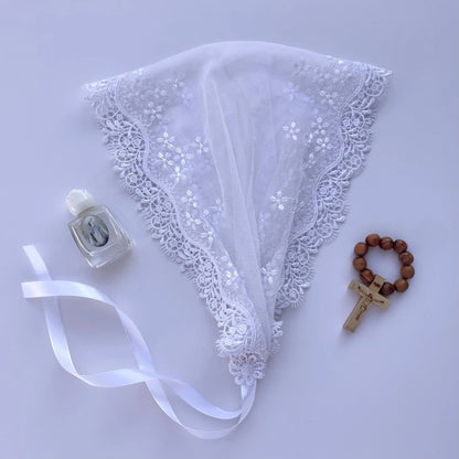 Small girl ivory lace chapel veil headband for traditional Catholic mass.