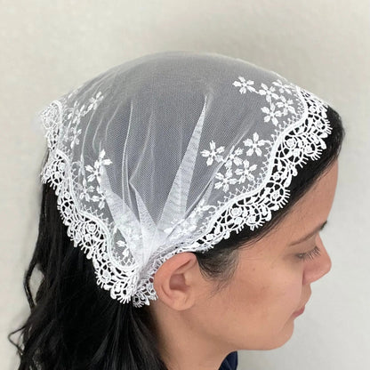 One size white lace bandana style chapel veil for a Catholic girl or woman
