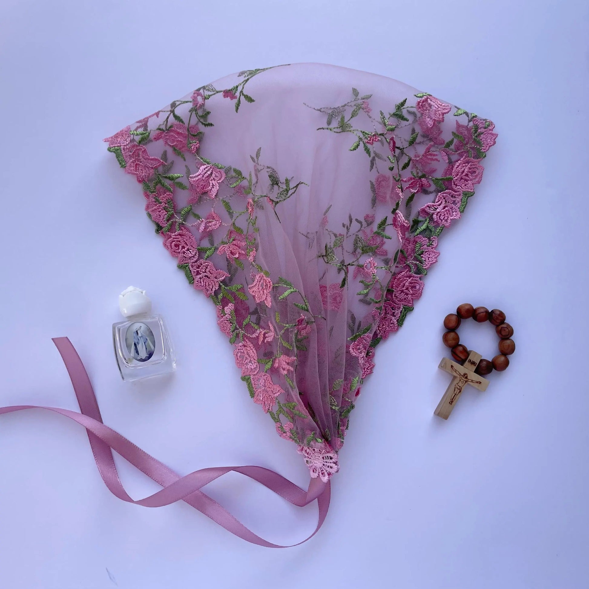Pink lace chapel veil with rose embroidery. The small girls veil mantilla is perfect for Traditional Catholic Christian Mass