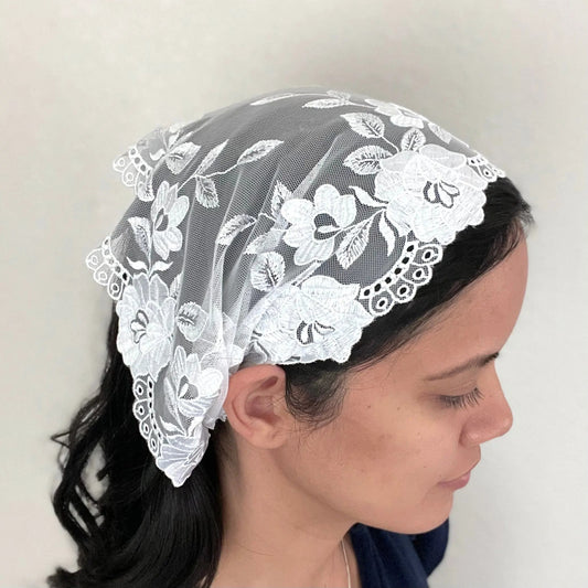 One size embroidered lace headwrap for Catholic mass, a traditional veil.
