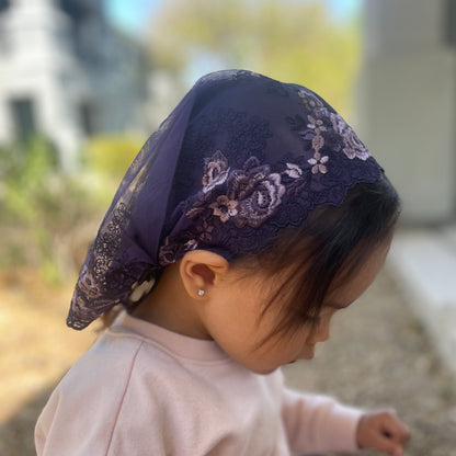Dark purple lace veil with rose embroidery. The baby or toddler mantilla is perfect for Traditional Catholic Christian Mass