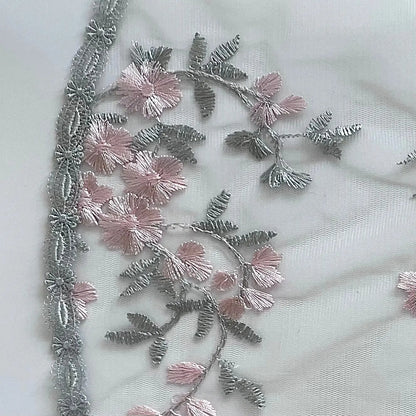 Floral embroidered grey pink lace circular veil for girls at traditional Catholic mass or a prayer service.
