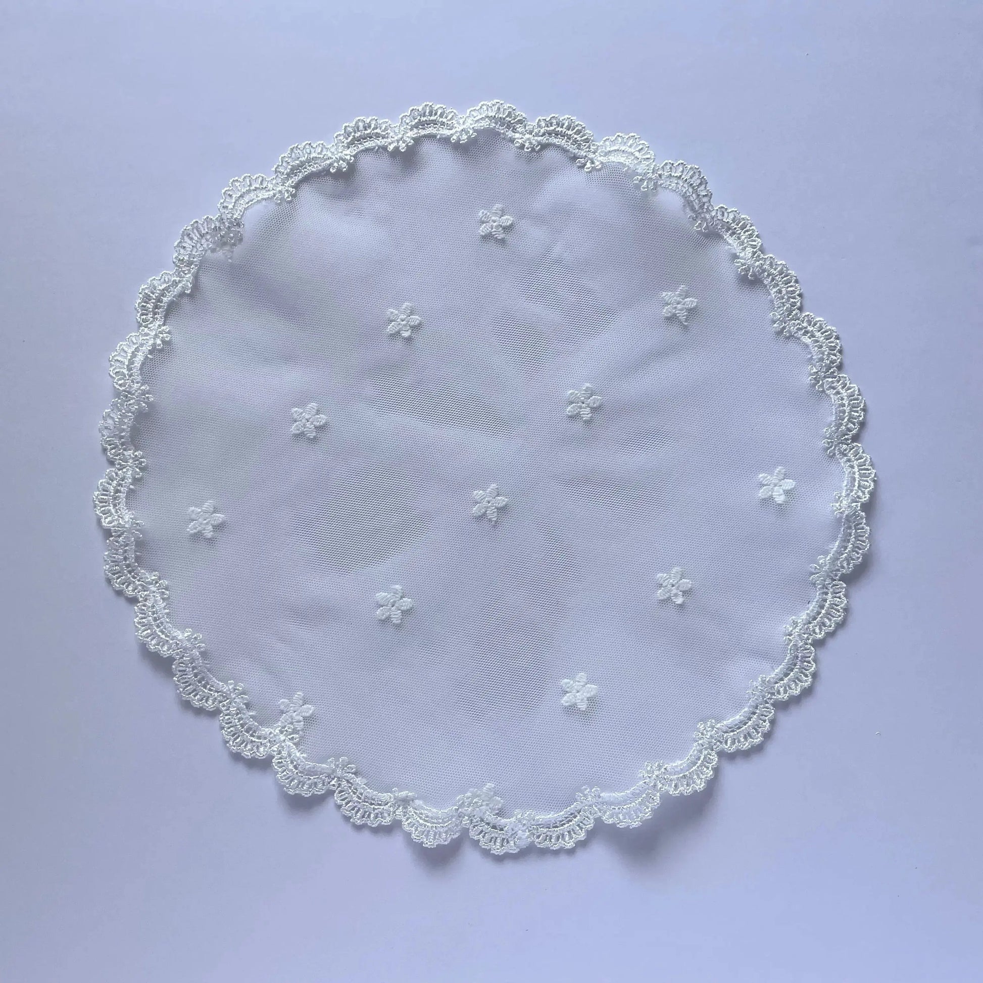 Floral embroidered White lace circular veil for girls at traditional Catholic mass or a prayer service.