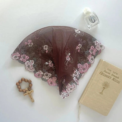 Delicate burgundy embroidered lace baby veil for a traditional Catholic Christian Mass.