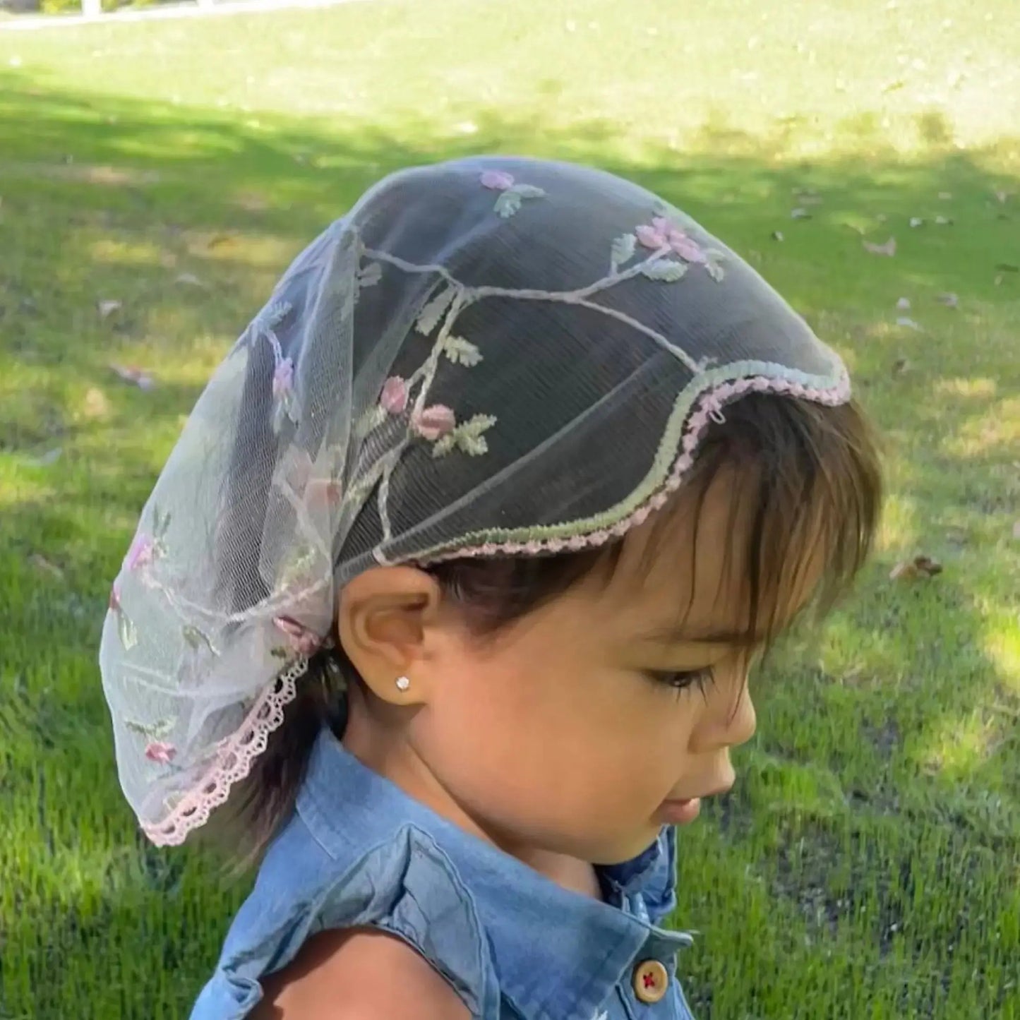Toddler pink lace chapel veil headband, a traditional Catholic Christian gift.